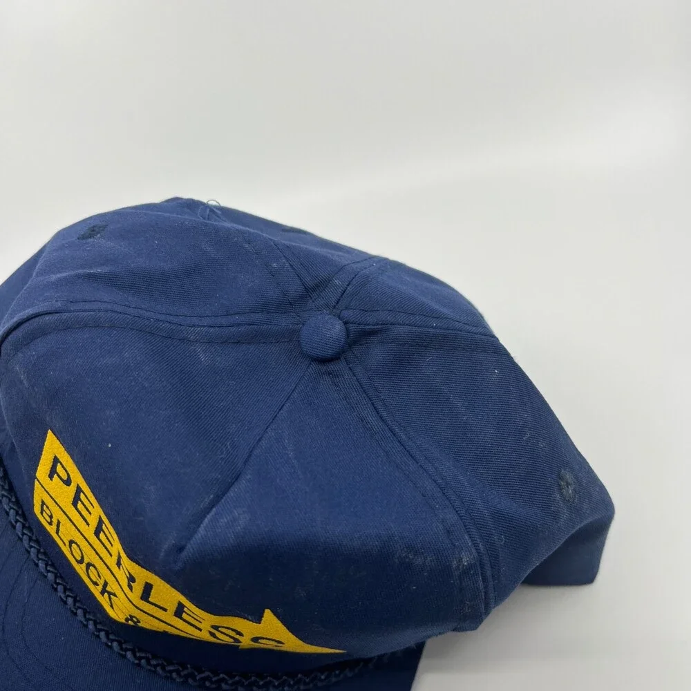 VINTAGE Peerless Stone Mason Trucker Hat Men Adjustable Blue Strap Cap Architect